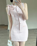 KYLETHOMASW  -  Elegant Skirt Set Women's Summer Bow Tweed Vest High Waist Mini Skirt Two-piece Set Fashion Female Clothes
