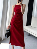 KIylethomasw Summer Korean Elegant Slim Red Sleeveless Midi Dress New Fashion Spaghetti Straps Bodycon Split Clothes Office Lady Vestidos