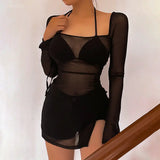 KYLETHOMASW  -  New Euramerican Thin See-throught Square Collar Long Sleeve Shirts Spice Girl Side Split Punk Top Y2k Punk All Match Short Dress