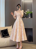 KYLETHOMASW  -  New Bubble Sleeve Pink Floral Waist Cinching 2025 Summer Women Printing Gentle French Slimming Temperament Long Dresses