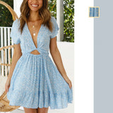 KYLETHOMASW  -  Fashionable Deep V Neck Tie Front Asymmetrical Floral Print Women's Dress Elegant Short Skirt High Waist Short Sleeve Zipper