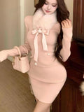 KYLETHOMASW  -  Coquette Kawaii Princess Japanese Winter 2pcs Set Women Bowknot Faux Fur Collar Knit Top High Waist Mini Skirt Cute Party Outfit