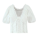 KYLETHOMASW  -  Sweet White Embroidery Hollow Out Hole Splice Lace Elastic U Collar Short Sleeve Shirt Women Center Buttons Slim Crop Tops