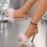 KYLETHOMASW  -  Luxury Brand Designer Faux Fur Strap Ankle Strap Sandals Women Super High Heels Sandals Fashion Long Plush Party Dress Shoes