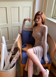 KYLETHOMASW  -  Autumn Winter French Casual Long Sleeve Women Solid Split Package Hip Dress Elegant chic Slim V-neck Ladies Skinny Bodycon Dress