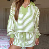 KYLETHOMASW  -  Young Style Striped 2 Piece Outfits Preppy Autumn Long Sleeve Crop Sweatshirt Tops + Mini Skirt Matching Set Women Loungewear