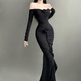 KYLETHOMASW  -  Pure Desire French One Word Shoulder Long Sleeved Dress Women Spring Chic Flower Pleated Temperament Thin Slim Dress