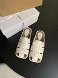 KYLETHOMASW  -  Slippers Women Summer Shoes Low Slides Cover Toe Pantofle Fashion Fretwork Heels 2025 Flat Luxury Rubber PU Fabric Hoof Shoes Wo