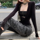 Kylethomasw Autumn New Deep V-neck Pleated Sexy Slim Rivets Long-sleeved T-shirt Women + Black All-match Tube Tops Two-piece Suit