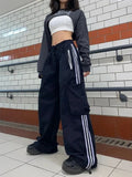 Kylethomasw Cargo Pants for Women Hip Hop Oversize Wide Leg Trousers Y2k Vintage Streetwear Pocket Side Stripe Ladie Jogger Pantalon