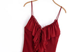 KYLETHOMASW  -  Sexy Women Ruffle V Neck Red Sling Long Dress Fashion Backless Sleeveless Elegant A-line Party Maxi Vestidos Summer