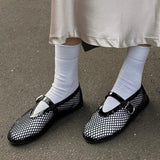 KYLETHOMASW  -  Summer Hollow Mesh Women sandals Ballet Falts Shoes Round Toe Mary Jane woemn Sandals Buckle Strap shoes Plus Size 35-42