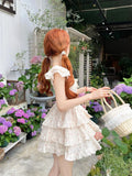 KYLETHOMASW  -  2025 Girl Dress Sweet Floral Square Neck Bow Women Korean Version Slimming Style Spliced Fluffy Cute Sweet Dresses