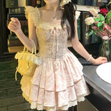 KYLETHOMASW  -  Flying Sleeve Sweet Mini Dresses Square Neck Ruffles Spring Summer Vintage Women Dress Korean Fashion Vestidos Mujer