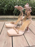 KYLETHOMASW  -  Pink Color Silk Satin Women Sandals Ankle Strap Lace-Up Ribbon Single Shoes Female Summer Elegant Lady High Heels Dressing Party