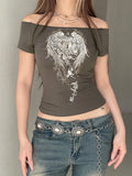 KYLETHOMASW  -  American street one shoulder wing printed short sleeved crop top T-shirt, spicy girl slim fit versatile casual top