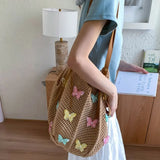 KYLETHOMASW  -  Cute Hollow Out Butterfly Knitting Bag Beach Handbag Tote Bag Beach Bag Large Capacity Bohemian Style Hollow Shoulder Bag Travel