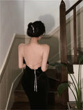 KYLETHOMASW  -  Sexy Backless Black Diamond Straps Dress Women French Hepburn High Split Velvet Dress Sleeveless Hollow Out Evening Party Dress