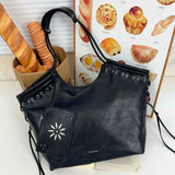 KYLETHOMASW  -  Vintage Lace Up Side Tote Bag Crinkled Faux Leather Shoulder Bag With Daisy Mini Zipper Pouch Large Daily Commuter Bag For Women