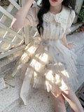 KYLETHOMASW  -  Korean Ladies Mini Dress Summer Short Sleeve Fashion Embroidered Floral Ball Gown Dress Sweet Pan Collar Women Party Vestidos