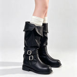 KYLETHOMASW  -  Retro Y2K Slouchy Knee High Boots Women Turn‑Down Folded Cuff Vintage Grey Moto Biker Boots Riding Boot Shoes