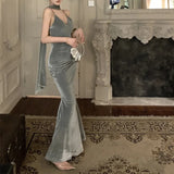 Kylethomasw  V-neck Sexy Backless Slim Fishtail Dress Women 2024 Spring New Korean Fashion Elegant Floor-length Party Dress with Scarf