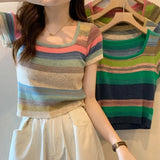 Kylethomasw Striped Top Square Neck Women Korean Style Knitted Short Sleeve T-shirt Cotton Summer Luxury Design Y2k Tops Tshirt for Y2k Girl