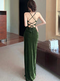 KYLETHOMASW  -  Sexy Backless Womens Dresses Summer Spring Slash Neck Lace-up Bodycon Evening Party Dress Female Slim Split Vestidos Long Robe