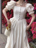 KYLETHOMASW  -  Elegant Women's Square Neck White Dress Summer French Fashion Bubble Sleeves with Ruffle Edge Women Unique Retro Long Dress New