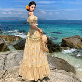 KYLETHOMASW  -  French Vacation Boho Beach 2 Piece Sets Womens Print Floral Outfits Summer Corp Top and High Waist Long Skirt Two Piece Set
