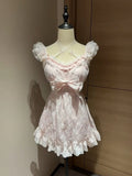 KYLETHOMASW  -  Summer New Girlish Sweet Lace Blouse Cute Bow Slim Kawaii Sling Dress Two-piece Set Women's Japanese Cute Cake Dresses Suit