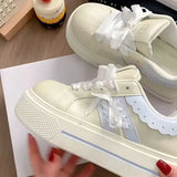 KYLETHOMASW  -  Women's Kawaii Ribbon Thick Heel Breathable White Sneakers Casual Running Shell Shoes Chunky Y2K Dad Style for Spring
