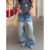 KYLETHOMASW  -  Blue Womens Jeans High Waist Vintage Design Hip Hop Straight Baggy Denim Pants Street Y2K American Style Wide Leg Denim Trouser