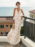 KYLETHOMASW  -  Flower Print Ruffles 2-Piece Set Women Halter Bandage v-Neck Backless Bows Backless Vest+Sweet Long Skirt Vacation Suits
