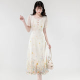 KYLETHOMASW  -  French Elegant Vintage High End Evening Dress Women Lace Print Square Collar Long Dress Summer Casual Chic Design Clothing