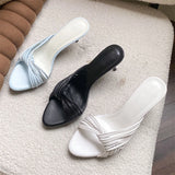 KYLETHOMASW  -  Elegant Women Thin Strap Kitten Heel Mules Open Toe Slip on Sandals Black White Blue Casual Summer Party Slides Shoes
