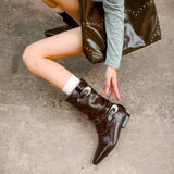 KYLETHOMASW  -  New Round Toe Square Heel Sexy Elegant Mid-calf Boots Fashionable Pin Buckle Decoration Solid Color Simple Casual Women's Shoes