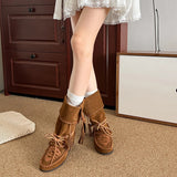 KYLETHOMASW  -  Retro Weaved Tassel Lace-Up Cowboy Boots Woman Turned-Over Edge Suede Leather Mid-Calf Boots Ladies Inner Height Western Boots