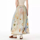 KYLETHOMASW  -  2025 Cat Print Contrasting Color Blending Spring Floral Mid Long Hem A-line Skirt Women Artistic Sweet Versatile Ins