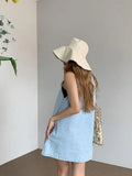 KYLETHOMASW  -  Women Korean Denim Dress Washed Blue Loose A Line Sleeveless Slimming Versatile Casual Dress