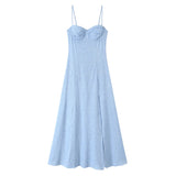 KYLETHOMASW  -  Sexy Spaghetti Straps Corset Style A-line Midi Dresses Women Fashion Hem Slit Blue Summer Dress Night Out Vestidos