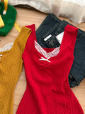 KYLETHOMASW  -  French Style Knit Cami Dress with Lace V-Neck Bow Detail Bodycon Mini Dress