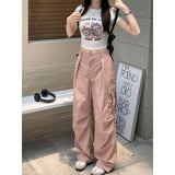 Kylethomasw  Streetwear Floral Printing Cargo Trousers For Women High Waist Patchwork Drawstring Casual Long Pants Female Fashion Style