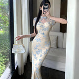 KYLETHOMASW  -  Chinese Style Jacquard Cheongsam Dress Women's Summer Sexy Short-sleeved Slim Fit Hip Wrap Long Dress Female Clothes