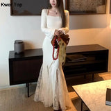 KYLETHOMASW  -  Elegant Bodycon Midi Dresses Women Flare Sleeve Slim Mermaid Dress Lace Fishtail Korean Fashion One Piece Party Dress Vestidos