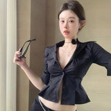 KYLETHOMASW  -  Sexy Black Slim Cropp Blouse Women Turn Down Collar Chic Solid Commuter Shirt Three Quarter Sleeve Street Fashion Deep V Hot Top