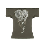 KYLETHOMASW  -  American street one shoulder wing printed short sleeved crop top T-shirt, spicy girl slim fit versatile casual top