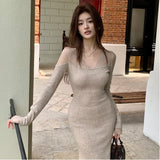 KYLETHOMASW  -  Elegant Lace Splice V-neck Long Dress Women's Slim Fit Fish Tail Gown Autumn Winter New Style Cotton Knitted High Waist Dress