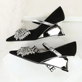 Kylethomasw Rhinestone Design Wedge Women Shoes Shallow Elegant Pointed Toe Pumps Female Diamond Butterfly-knot High Heels Zapatos De Mujer