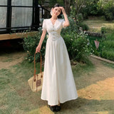 KYLETHOMASW  -  Summer French Style Dress for Women V Neck Short Sleeve Lace Trim Slim Fit Waist A Line Long Dress Elegant Flattering Design